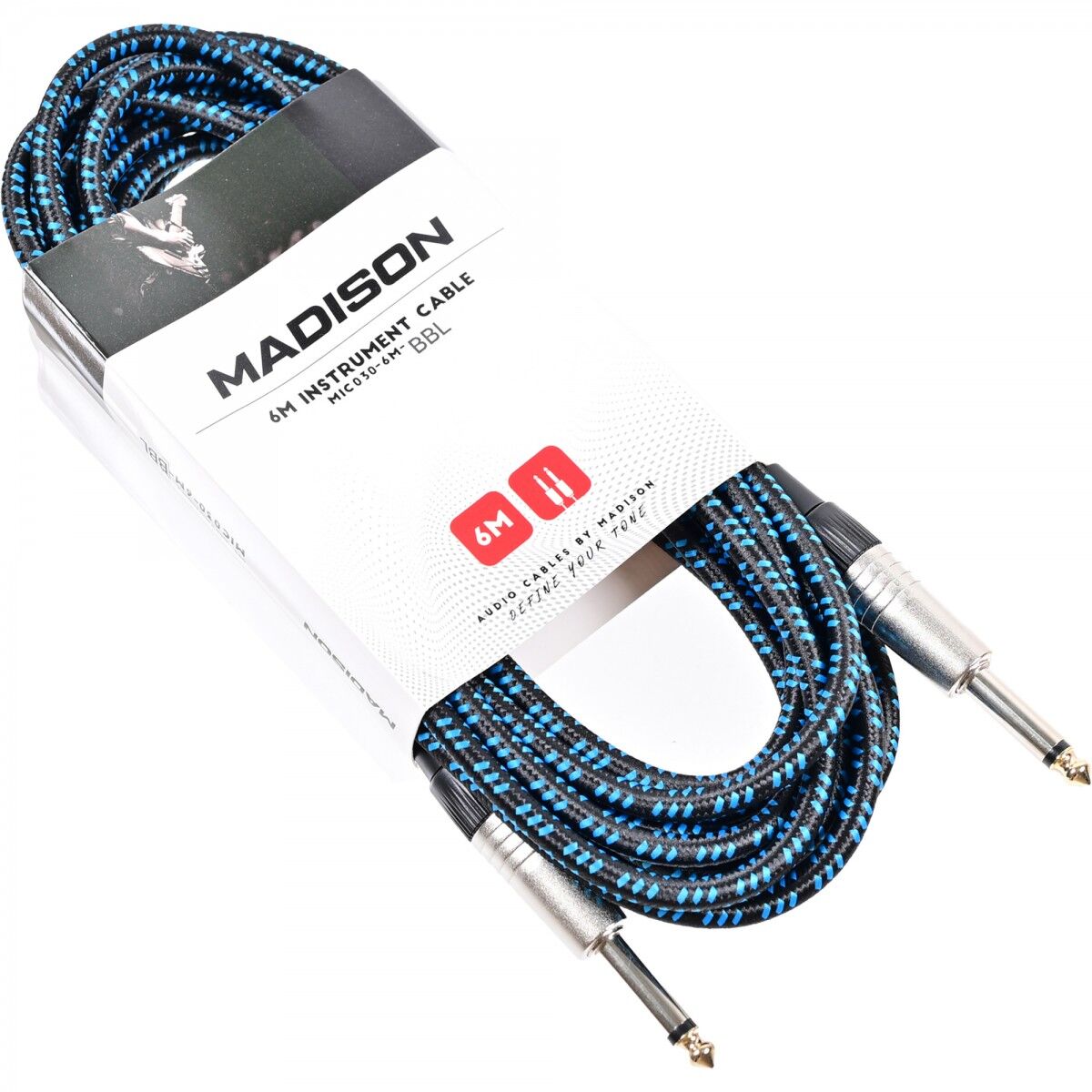 Madison Örgülü Kumaş Gitar Kablosu 6 Metre- SİYAH MAVİ ÇİZGİLİ