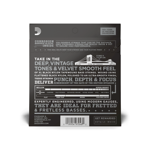 DADDARIO ETB92 BASS GİTAR TEL SETİ, 5 TELLİ, 50-105, XL NYLON TAPEWOUND, MEDIUM