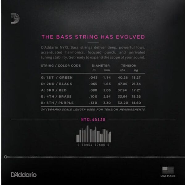 DADDARIO NYXL45130 BASS GİTAR TEL SETİ, NYXL SERİSİ, LONG SCALE, 5 TELLİ