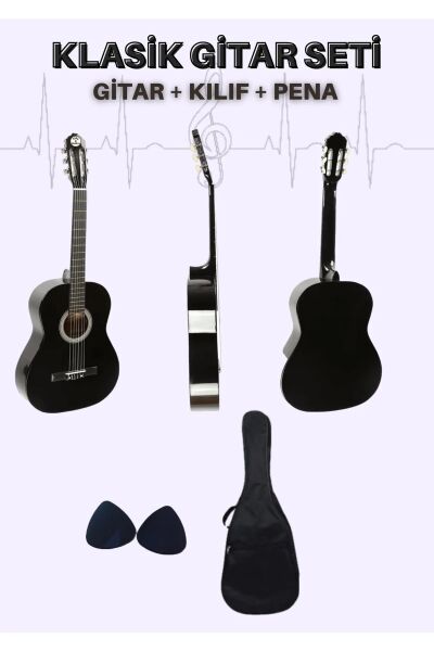 4/4 TAM BOY SİYAH KLASİK SOLAK GİTAR KILIF PENA SET